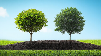 two trees growing on top of dirt with a green grass background