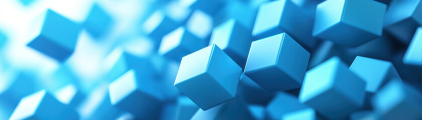 Poster - Close-up of floating blue cubes in a dynamic abstract background, creating a vivid and futuristic digital pattern with geometric shapes.