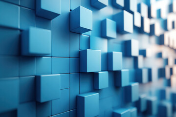 Poster - Abstract   of blue cubes of various sizes stacked together to form a geometric pattern, showcasing modern digital technology and design.