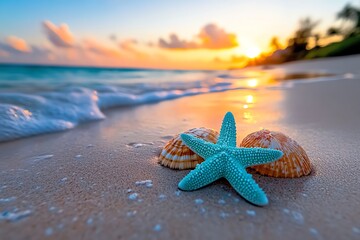Poster - Mint color beach scene with soft waves and pastel skies, captured in a photo where a beach at sunset features soft waves, pastel skies, and mint-colored beach accessories, evoking a peaceful
