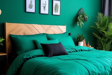 Poster - Mint color bedroom decor with calming tones and cozy textures, captured in a photo where a bedroom features mint-colored bedding, soft pillows, and calming wall art, creating a peaceful and