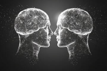 Canvas Print - Mirrored Minds Silhouettes with Glowing Brain Illustrations Representing the Reflection of Thought and Cognitive Balance