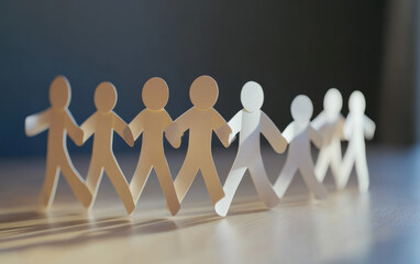 Poster - Paper cutout figures holding hands depicting unity and teamwork against a blurred background, symbolizing community and collaboration.