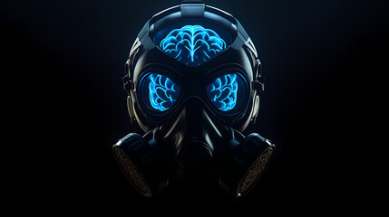 Cyberpunk futuristic gas mask with glowing blue brain on a black background. Symmetrical. Illustration