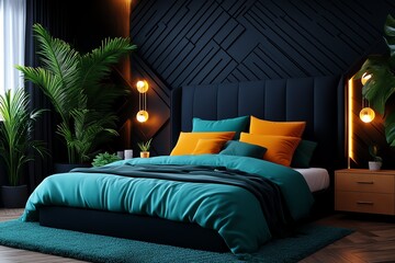 Aufkleber - Mint color interior with soft lighting and cozy textures, captured in a photo where a cozy bedroom features mint-colored bedding, soft lighting, and plush textures, creating a relaxing and inviting