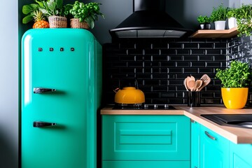 Aufkleber - Mint color kitchen decor with fresh and vibrant accents, captured in a photo where a modern kitchen is styled with mint-colored appliances, accessories, and fresh herbs, creating a vibrant and