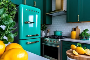Aufkleber - Mint color kitchen decor with fresh and vibrant accents, captured in a photo where a modern kitchen is styled with mint-colored appliances, accessories, and fresh herbs, creating a vibrant and