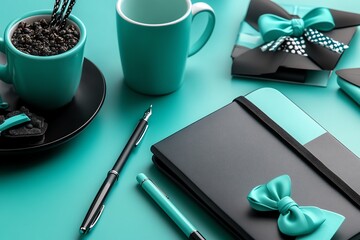 Aufkleber - Mint color office supplies with a clean and modern aesthetic, depicted in an artwork where office supplies like notebooks, pens, and organizers are designed in mint tones, creating a cohesive