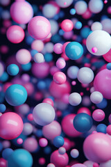 Poster - Vibrant, colorful spheres in various sizes floating against a dark background create a dynamic and playful abstract scene.
