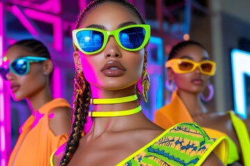 Poster - Neon color 80s-inspired fashion with retro designs, illustrated in a scene where models wear neon-colored 80s-inspired outfits, with retro patterns and accessories, set against a vibrant, neon-lit