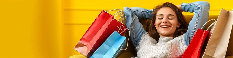 Wall Mural - Woman smiling and relaxing on armchair with shopping bags, full body pose, yellow background, home or online shop concept, copy space.