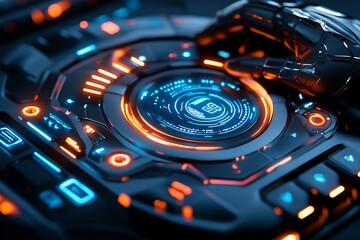 Aufkleber - Neon color digital displays with futuristic interfaces and glowing effects, illustrated in a scene where digital displays feature neon-colored interfaces, with glowing effects and vibrant graphics