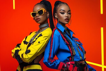 Aufkleber - Neon color fashion editorial with dramatic lighting and vibrant colors, captured in a photo where models pose in neon-colored outfits, with dramatic lighting highlighting the vibrant colors