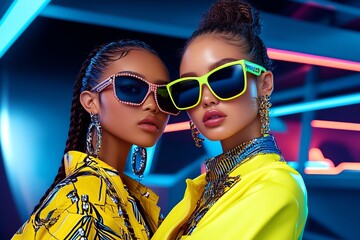 Aufkleber - Neon color fashion editorial with edgy and bold designs, captured in a photo where models pose in neon-colored outfits, with edgy designs and dramatic lighting, set against an urban backdrop