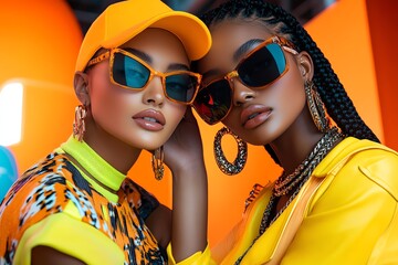 Aufkleber - Neon color fashion editorial with edgy and bold designs, captured in a photo where models pose in neon-colored outfits, with edgy designs and dramatic lighting, set against an urban backdrop