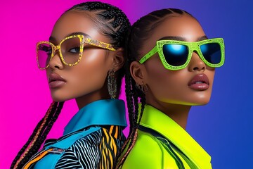 Aufkleber - Neon color fashion editorial with vibrant lighting and edgy designs, captured in a photo where models pose in neon-colored outfits, with vibrant lighting highlighting the bold designs and colors