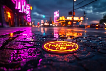 Aufkleber - Neon color lighting with glowing neon signs and reflections, captured in a photo where neon signs glow brightly, their reflections bouncing off glass and metal surfaces, creating a moody and