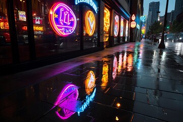 Aufkleber - Neon color lighting with glowing neon signs and reflections, captured in a photo where neon signs glow brightly, their reflections bouncing off glass and metal surfaces, creating a moody and