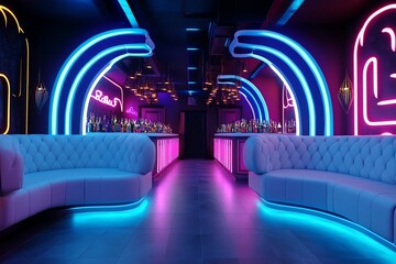 Poster - Neon color nightclub environment with glowing lights and energetic atmosphere, illustrated in a scene where a nightclub is filled with neon lights in various colors, creating an energetic and