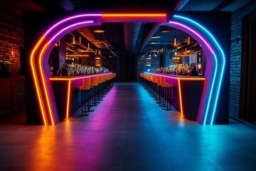 Poster - Neon color nightclub environment with glowing lights and energetic atmosphere, illustrated in a scene where a nightclub is filled with neon lights in various colors, creating an energetic and