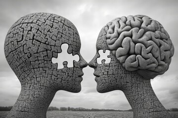 Canvas Print - Monochrome Brain Puzzle Heads Facing Each Other Symbolizing Emotional Connection and the Intricacies of Human Thought and Relationships