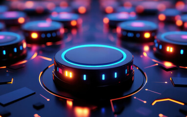 Aufkleber - futuristic glowing buttons with neon lights on a circuit board. high-tech abstract technology and in
