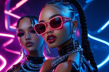 Poster - Neon color nightclub fashion with glowing accessories and vibrant outfits, depicted in an artwork where models wear neon-colored nightclub outfits, with glowing accessories like bracelets and