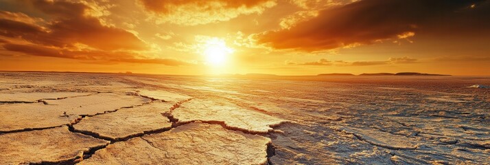 Aufkleber - Arid terrain shows cracked earth as the sun sets, highlighting the drastic impacts of climate change and melting glaciers in the Arctic. Generative AI
