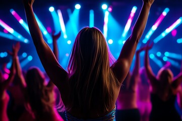 Poster - Neon color nightclub scene with vibrant lights and energetic dancers, illustrated in a scene where a nightclub is filled with neon lights in various colors, with dancers moving energetically