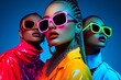 © Thanyarat - Neon color street style with bold outfits and glowing accessories, depicted in an artwork where people in an urban environment wear neon-colored street style outfits, with glowing accessories