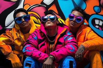 Poster - Neon color street style with bold and vibrant outfits, depicted in an artwork where people in an urban environment wear neon-colored street style outfits, with graffiti and neon signs in the