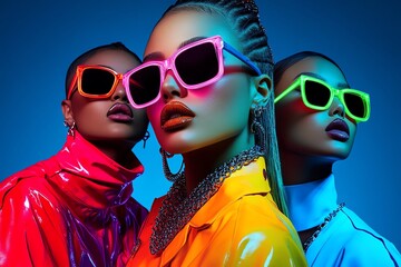 Poster - Neon color street style with bold outfits and glowing accessories, depicted in an artwork where people in an urban environment wear neon-colored street style outfits, with glowing accessories