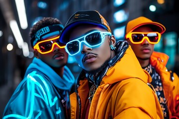 Poster - Neon color street style with bold outfits and glowing accessories, depicted in an artwork where people in an urban environment wear neon-colored street style outfits, with glowing accessories
