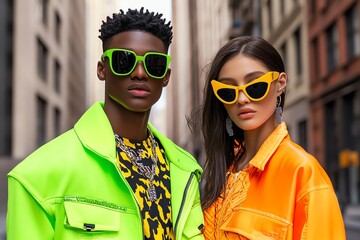 Aufkleber - Neon color streetwear fashion with bold patterns and designs, captured in a photo where models wear neon-colored streetwear outfits, with bold patterns and edgy designs, set against an urban
