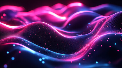 Poster - Colorful abstract wave pattern with neon pink and blue light effects, particle dust, and a futuristic theme, creating a dynamic visual impact.