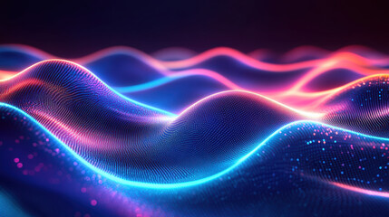 Poster - Colorful, abstract wave-like patterns made of neon lights, glowing against a dark background, creating a futuristic and dynamic ambiance for digital design themes.