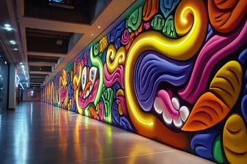 Poster - Neon color urban graffiti with vibrant and expressive details, illustrated in a scene where a graffiti mural is filled with neon colors, bold lines, and dynamic shapes, bringing the urban environment