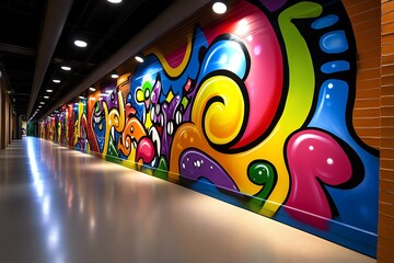 Poster - Neon color urban graffiti with vibrant and expressive details, illustrated in a scene where a graffiti mural is filled with neon colors, bold lines, and dynamic shapes, bringing the urban environment