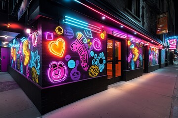Aufkleber - Neon color urban scene with street art and neon signs, captured in a photo where an urban street is lit by neon signs, with vibrant graffiti adding color and energy to the environment