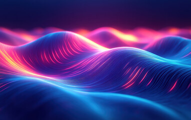 Poster - Vibrant digital waves with neon blue and pink colors; showcasing a futuristic and glowing aesthetic in a mesmerizing abstract landscape.