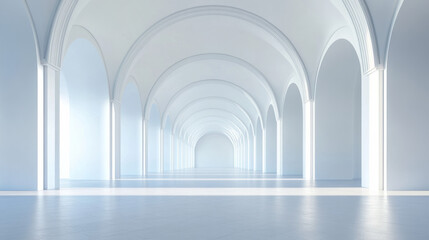 Poster - Elegant white arched hallway with natural light streaming through large windows, creating a serene and minimalist atmosphere in a spacious interior.