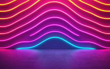 Poster - Vibrant neon lights creating a colorful wave pattern on a textured wall, perfect for modern design, advertising, and creative projects.