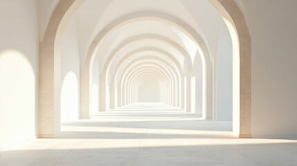 Poster - An ethereal corridor with white arches and soft sunlight filtering through. The  design creates a peaceful and timeless atmosphere.