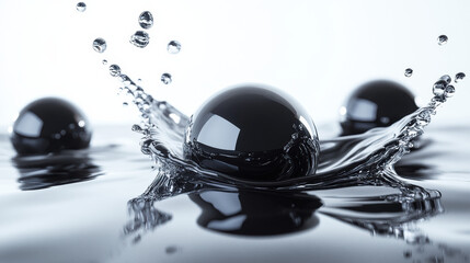 Poster - Sleek metallic spheres create ripples on a reflective liquid surface, illustrating concepts of fluidity, motion, and modern design.
