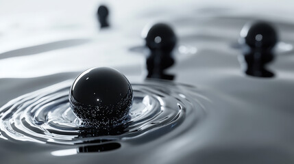 Poster - Black spheres floating on a reflective surface with ripples in water, creating an abstract and serene visual effect. Close-up, minimalistic, and monochrome.