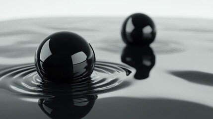 Poster - Two black spheres float on a reflective liquid surface, creating symmetrical ripples in a minimalist abstract composition with a monochromatic color palette.