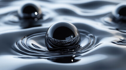 Poster - Glossy black spheres floating on rippled reflective surface, showcasing tranquility and elegance in abstract water-inspired art.