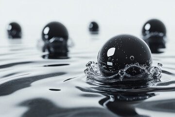 Poster - Black spheres floating on a reflective water surface, creating a mesmerizing and futuristic abstract scene perfect for modern designs.