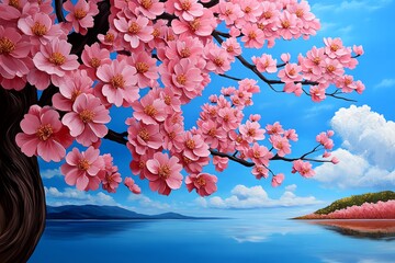 Poster - Peach blossom landscape painting with soft and pastel tones, depicted in an artwork where a landscape is painted in soft pastel tones, with peach blossom trees adding color and life to the serene