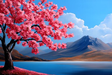 Poster - Peach blossom landscape painting with soft and pastel tones, depicted in an artwork where a landscape is painted in soft pastel tones, with peach blossom trees adding color and life to the serene